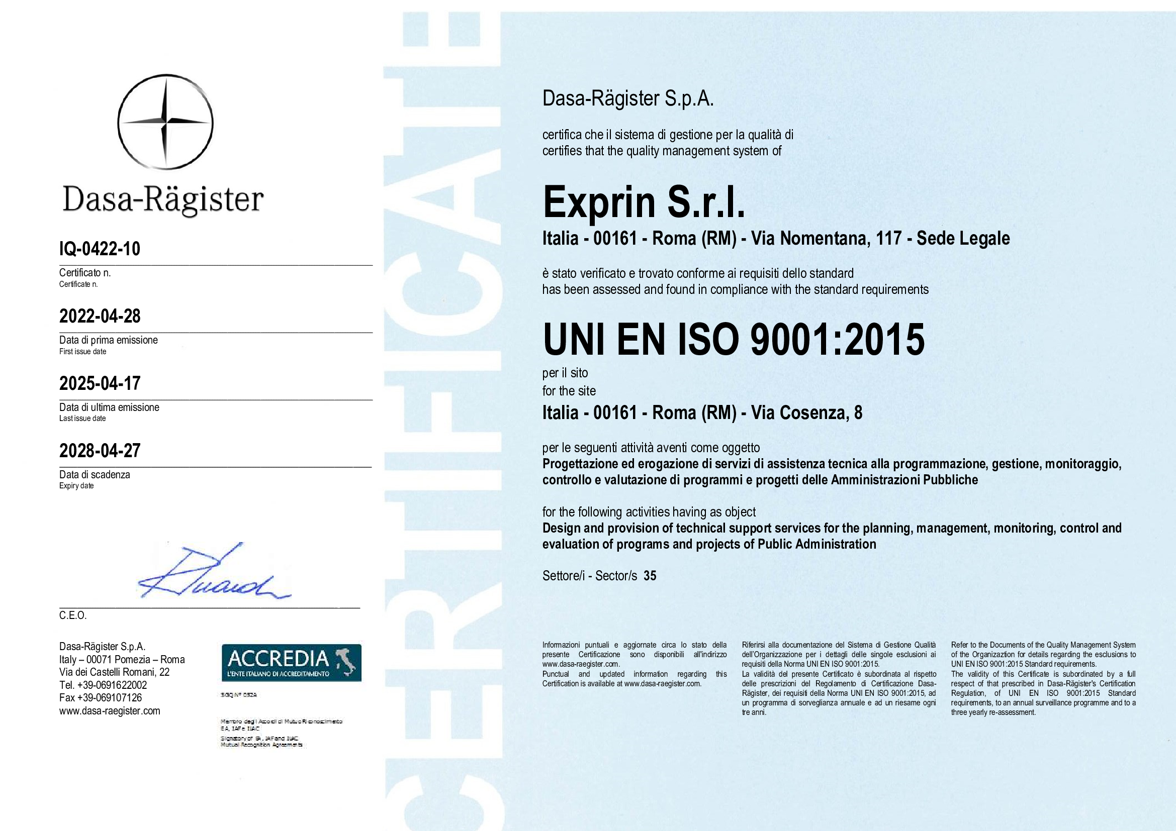 Exprin S.r.l. – UNI EN ISO 9001:2015 2025-2028 Exprin S.r.l. - UNI EN ISO 9001:2015 2025-2028